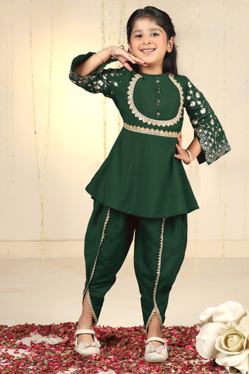 Girls Bottle Green Roman Silk kurta Dhoti Pant Set Ethnic Wear