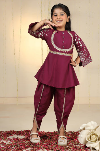 Girls Dark Purple Silk Blend kurta and Dhoti Pant Ethnic Wear