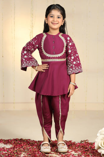 Girls Dark Purple Silk Blend kurta and Dhoti Pant Ethnic Wear