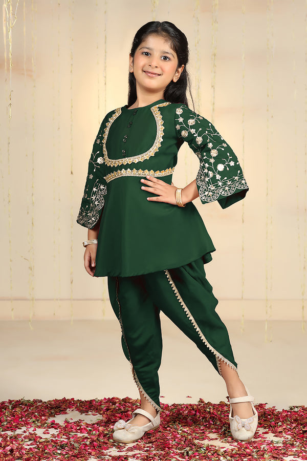 Girls Bottle Green Roman Silk kurta Dhoti Pant Set Ethnic Wear