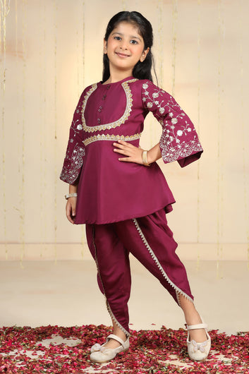 Girls Dark Purple Silk Blend kurta and Dhoti Pant Ethnic Wear