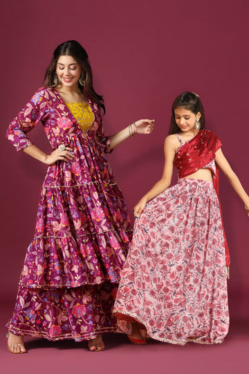 Floral Printed Festive Wear Mother-Daughter Ethnic Set