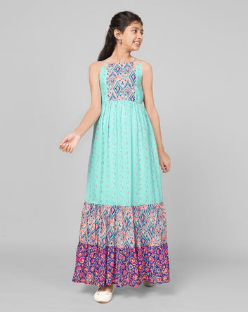 Girls Sky Georgette Printed Tiered Maxi Dress