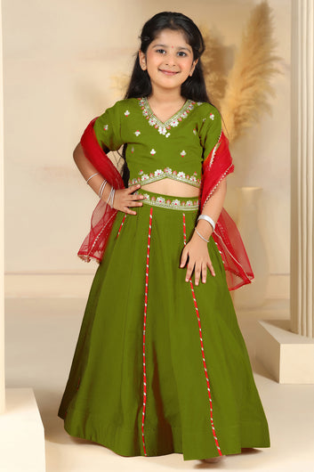 Girls Mehndi Roman Silk Embroidered Lehenga Choli With Dupatta Set Traditional 3-Piece Festive Outfit for Kids