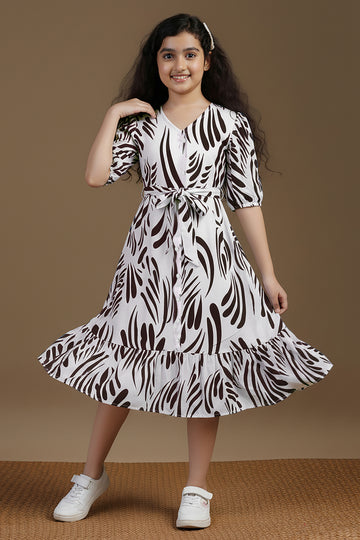 Girl's Coffee Rayon Printed Midi Dress