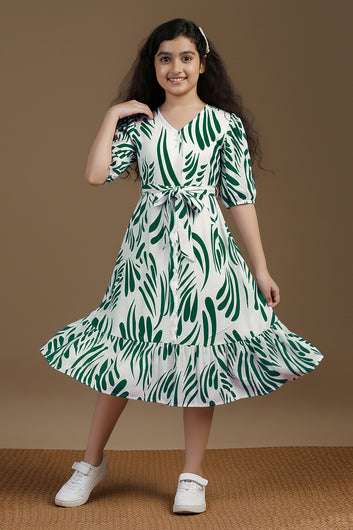 Girl's Green Rayon Printed Midi Dress