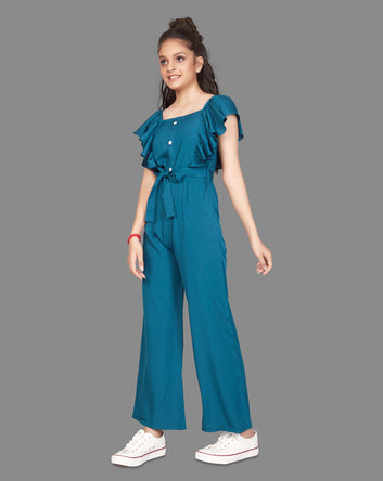Girl's Front Button Ruffle Pattern Maxi Jumpsuit