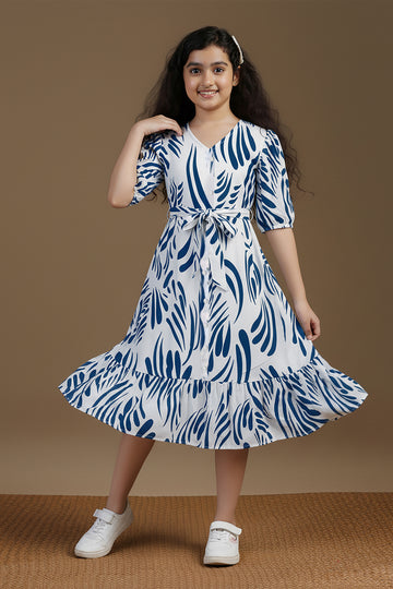 Girl's Blue Rayon Printed Midi Dress