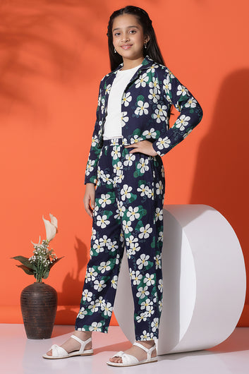 Girls White Cotton Blend Flower Printed Co ords sets Whith Jecket