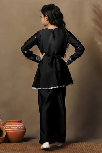 Girls Black Chanderi Blend Ethnic Embroidered Front-Slit Peplum Style Kurta With Palazzo Set