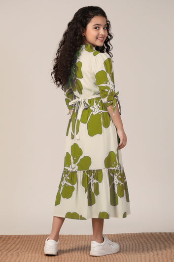 Girl's Mint Green Rayon Floral Printed Midi Dress