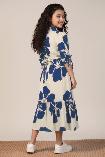 Girl's Navy Blue Rayon Floral Printed Midi Dress