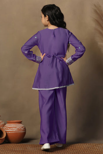 Girls Purple Chanderi Blend Ethnic Embroidered Front-Slit Peplum Style Kurta With Palazzo Set