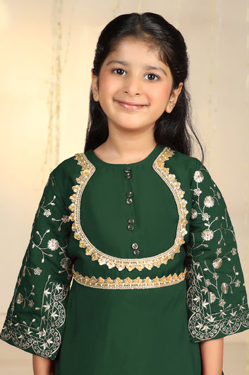 Girls Bottle Green Roman Silk kurta Dhoti Pant Set Ethnic Wear