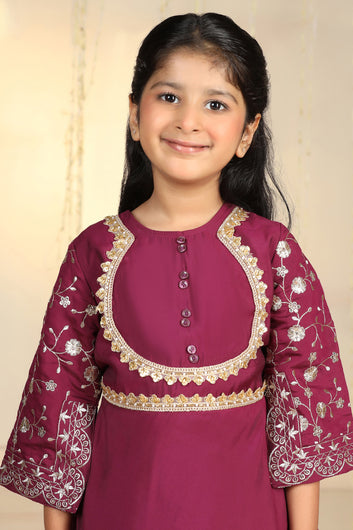 Girls Dark Purple Silk Blend kurta and Dhoti Pant Ethnic Wear