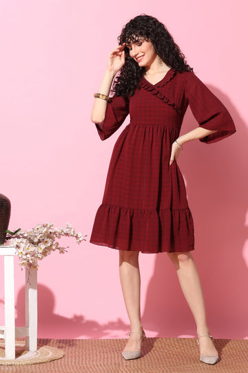 Women's Maroon Checked Fit And Flare Dress