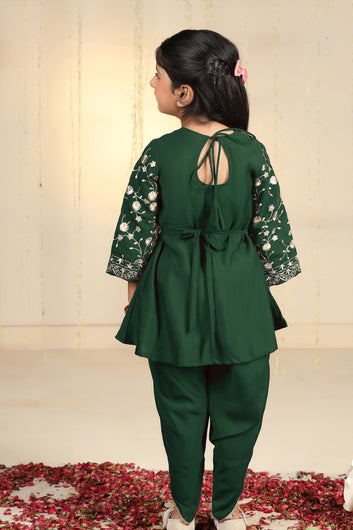 Girls Bottle Green Roman Silk kurta Dhoti Pant Set Ethnic Wear