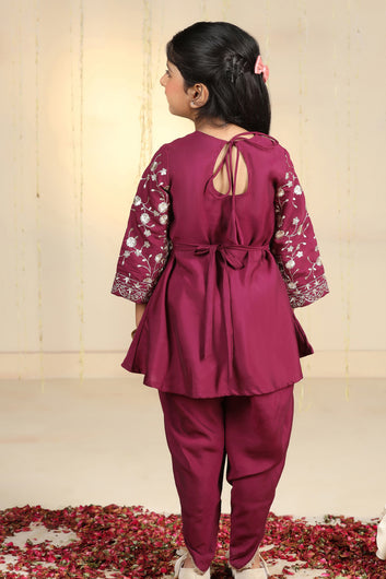 Girls Dark Purple Silk Blend kurta and Dhoti Pant Ethnic Wear