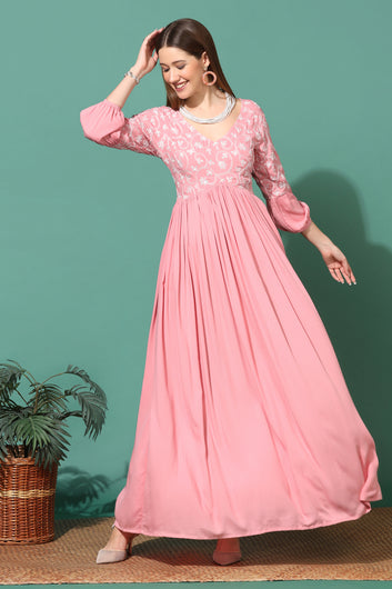 Women’s Pink Rayon Embroidered Empire Dress
