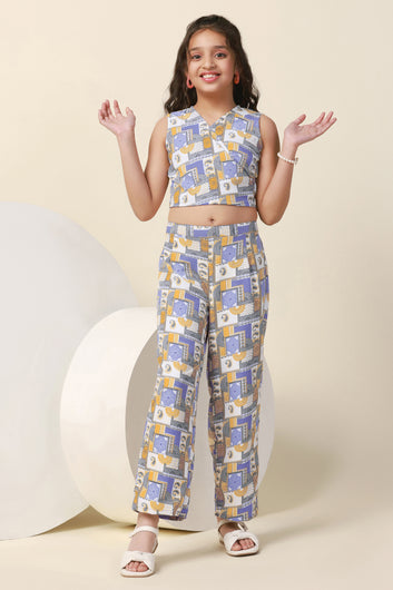 Girls Blue Cotton Blend All Over Printed Crop Top With Trouser Set