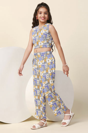 Girls Blue Cotton Blend All Over Printed Crop Top With Trouser Set