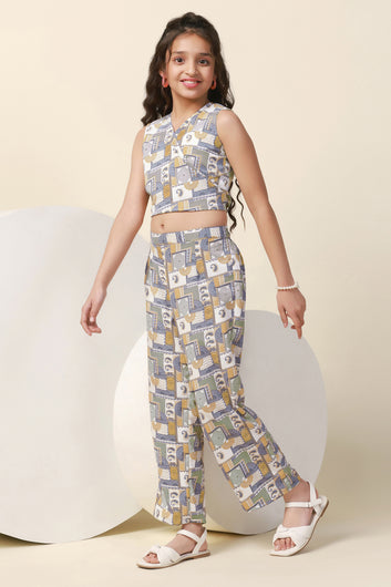 Girls Sea Green Cotton Blend All Over Printed Crop Top With Trouser Set