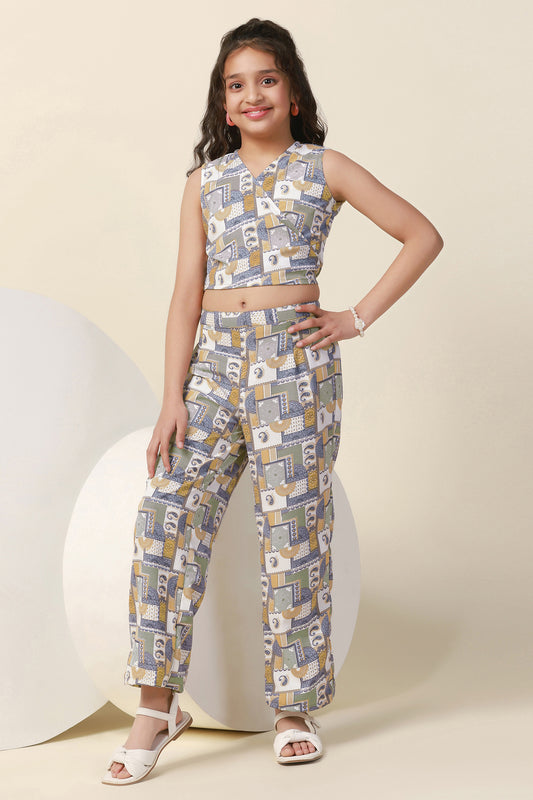 Girls Sea Green Cotton Blend All Over Printed Crop Top With Trouser Set