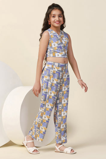 Girls Blue Cotton Blend All Over Printed Crop Top With Trouser Set