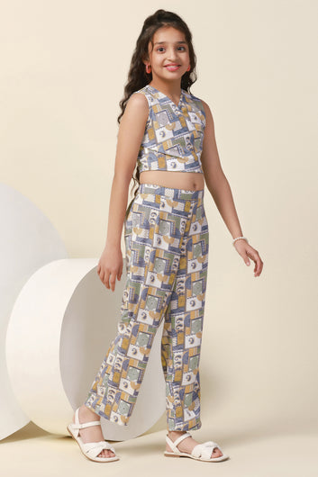 Girls Sea Green Cotton Blend All Over Printed Crop Top With Trouser Set