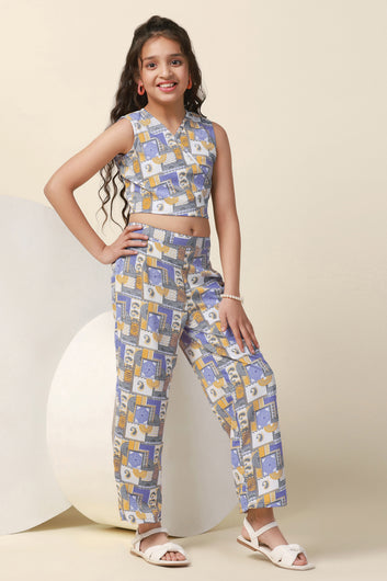 Girls Blue Cotton Blend All Over Printed Crop Top With Trouser Set