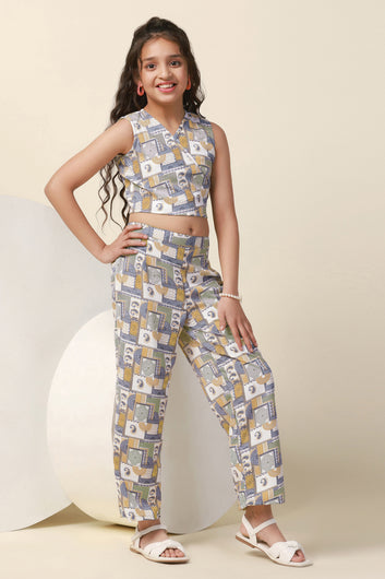 Girls Sea Green Cotton Blend All Over Printed Crop Top With Trouser Set