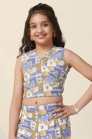 Girls Blue Cotton Blend All Over Printed Crop Top With Trouser Set