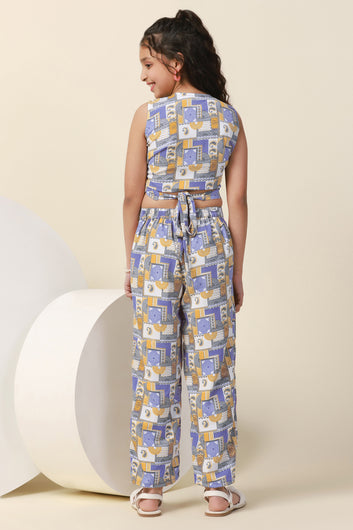 Girls Blue Cotton Blend All Over Printed Crop Top With Trouser Set