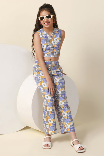 Girls Blue Cotton Blend All Over Printed Crop Top With Trouser Set