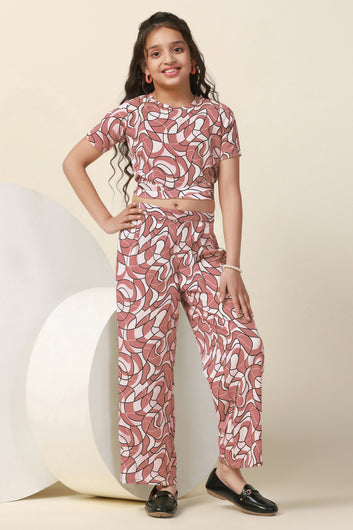 Girls Maroon Bindu Bubble Abstract Printed Crop Top With Trouser Set