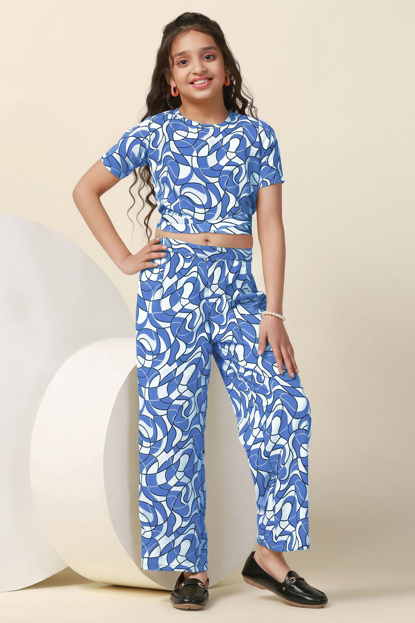 Girls Blue Bindu Bubble Abstract Printed Crop Top With Trouser Set