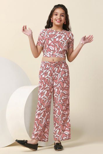 Girls Maroon Bindu Bubble Abstract Printed Crop Top With Trouser Set