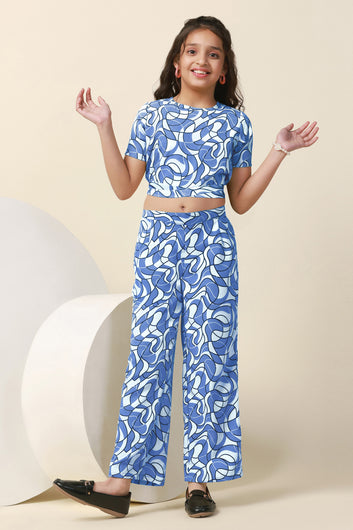 Girls Blue Bindu Bubble Abstract Printed Crop Top With Trouser Set