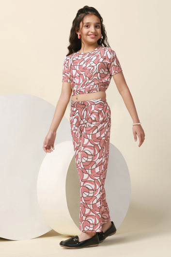 Girls Maroon Bindu Bubble Abstract Printed Crop Top With Trouser Set