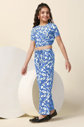 Girls Blue Bindu Bubble Abstract Printed Crop Top With Trouser Set