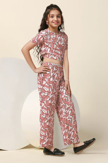 Girls Maroon Bindu Bubble Abstract Printed Crop Top With Trouser Set