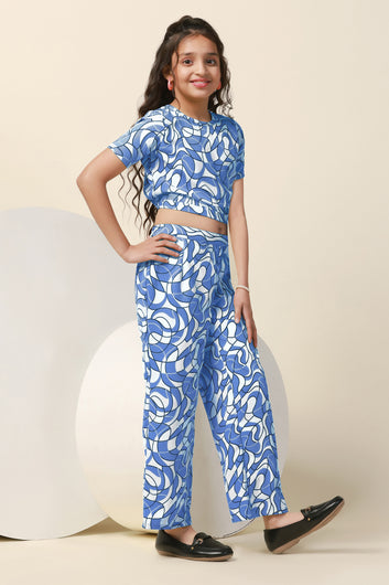 Girls Blue Bindu Bubble Abstract Printed Crop Top With Trouser Set