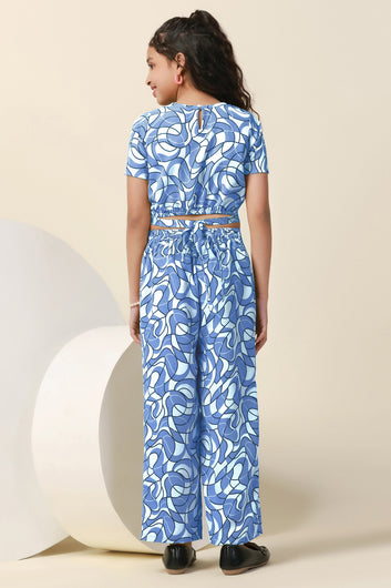 Girls Blue Bindu Bubble Abstract Printed Crop Top With Trouser Set