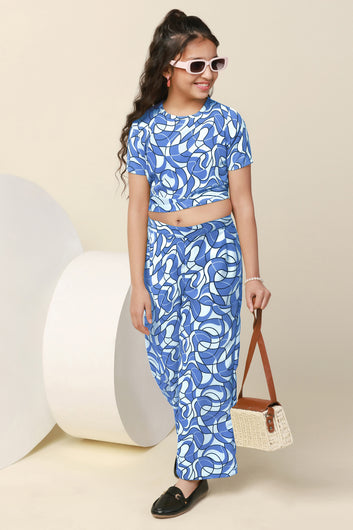 Girls Blue Bindu Bubble Abstract Printed Crop Top With Trouser Set