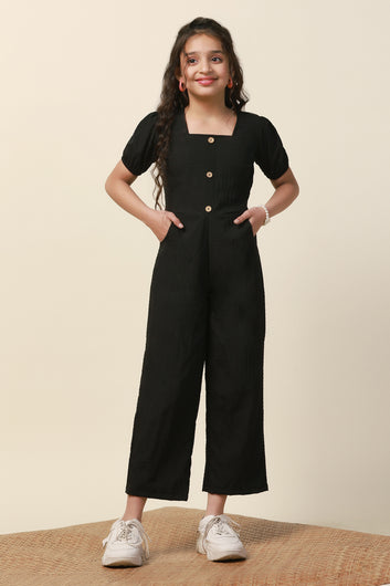 Girl's Black Solid Long Jumpsuit