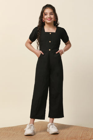 Girl's Black Solid Long Jumpsuit