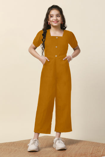 Girls Mustard Sugarcane Solid A-Line Ankle Length Jumpsuit