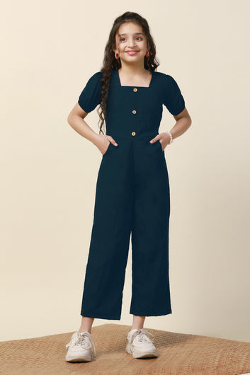 Girls Dark Blue Sugarcane Solid Ankle Length Jumpsuit