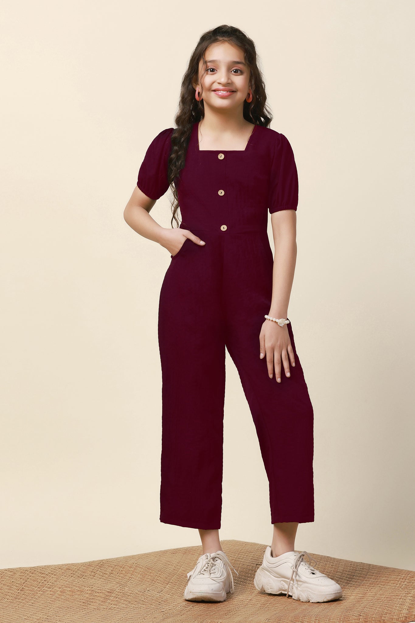 Girls Maroon Solid A-Line Ankle Length Jumpsuit