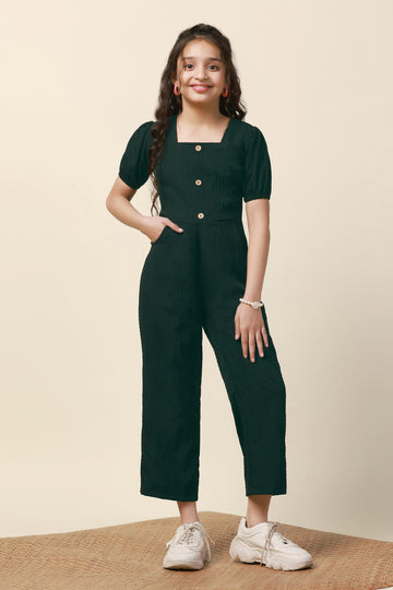 Girls Green Solid A-Line Ankle Length Jumpsuit